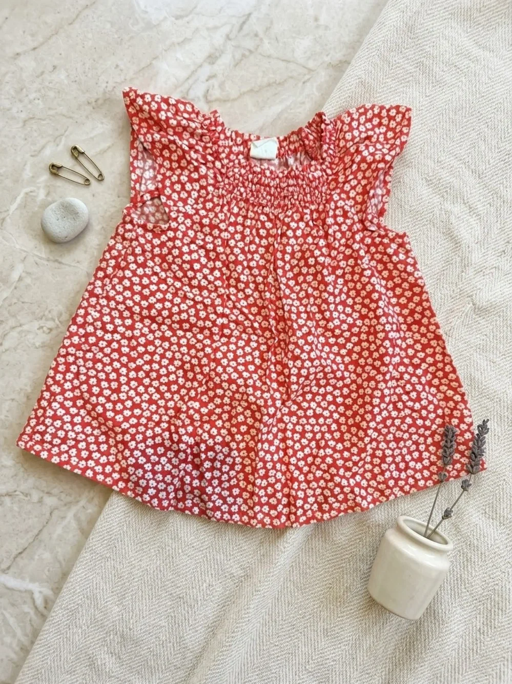 Gap Red Floral Smocked Flutter-Sleeve Top